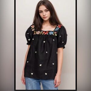 Johnny Was Black Embroidered Square-Neck Puff Sleeve Top